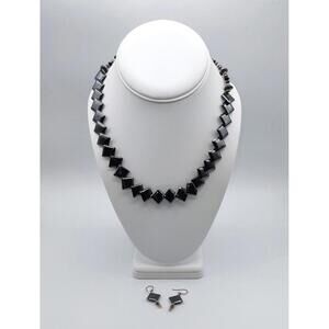 Vintage Black Geometric Beaded Necklace and Earrings Set